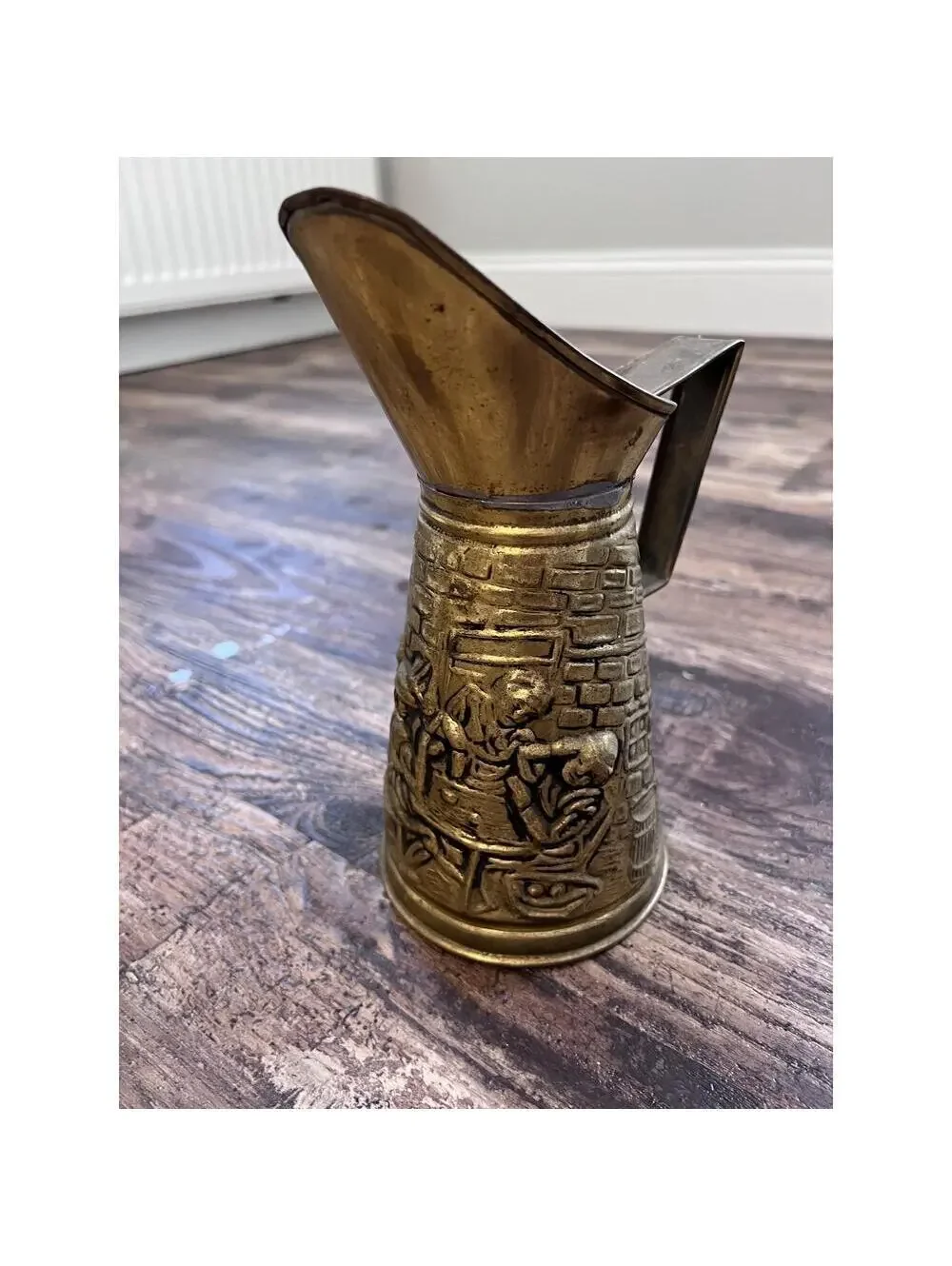 Vintage Made in England Brass-Tone Embossed Pitcher | English Pub Scene Jug